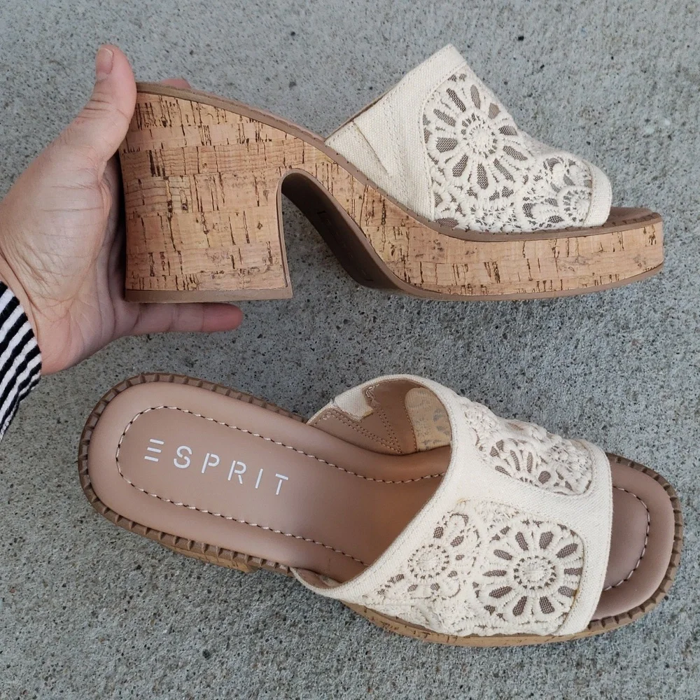 ESPRIT Pheby Floral Embroidered Platform Corks Block Heel Sandals Neutral Boho